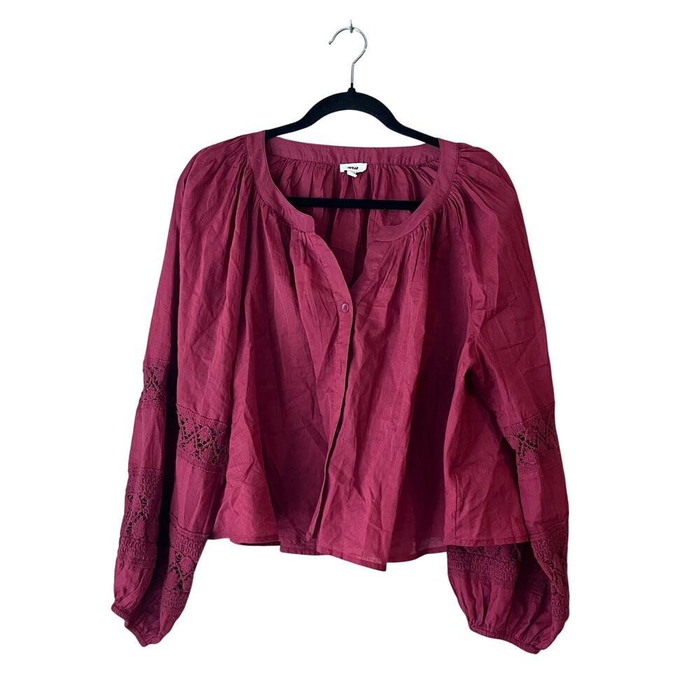 Aerie Peasant Cropped Flowy Blouse Red Pink Crochet Detail Balloon Sleeve Medium